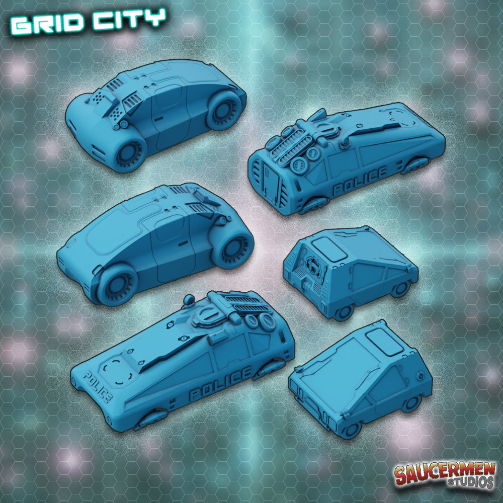 Grid City - City Vehicles - Sci-Fi Grimdark Miniatures by Saucermen Studios, Wargame Scale 3D Printed