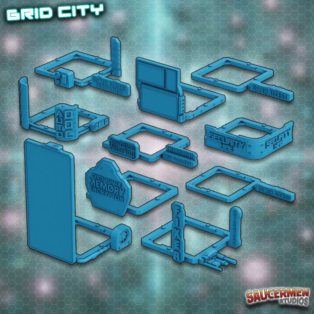 Grid City - Signage Pack Two - Sci-Fi Grimdark Miniatures by Saucermen Studios, Wargame Scale 3D Printed
