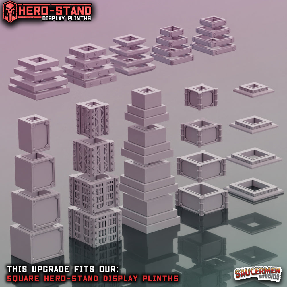 Hero-Stand Display Plinths – Base & Column Upgrade Pack 1 (Square) - Sci-Fi Grimdark Miniatures by Saucermen Studios, Wargame Scale 3D Printed