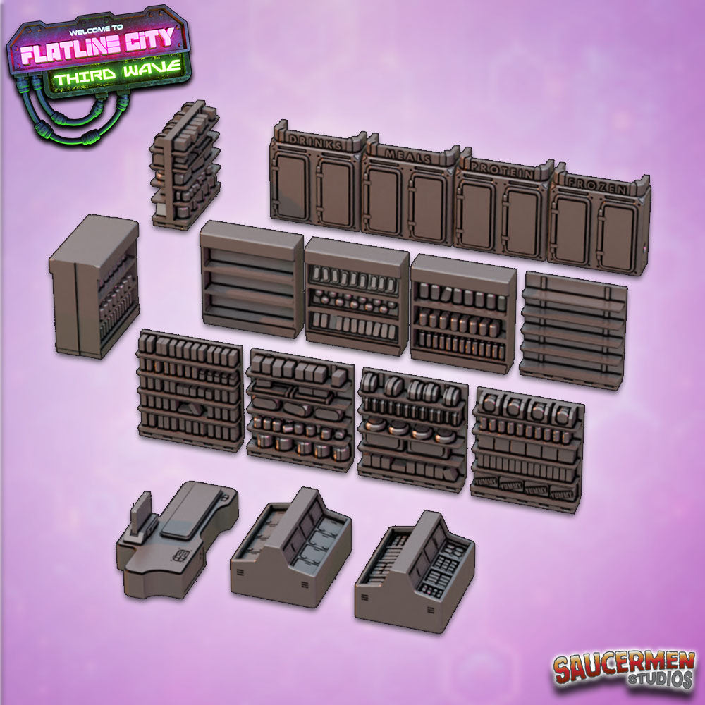 Flatline City: Third Wave - Scatter: Shop Interiors - Sci-Fi Grimdark Miniatures by Saucermen Studios, Wargame Scale 3D Printed