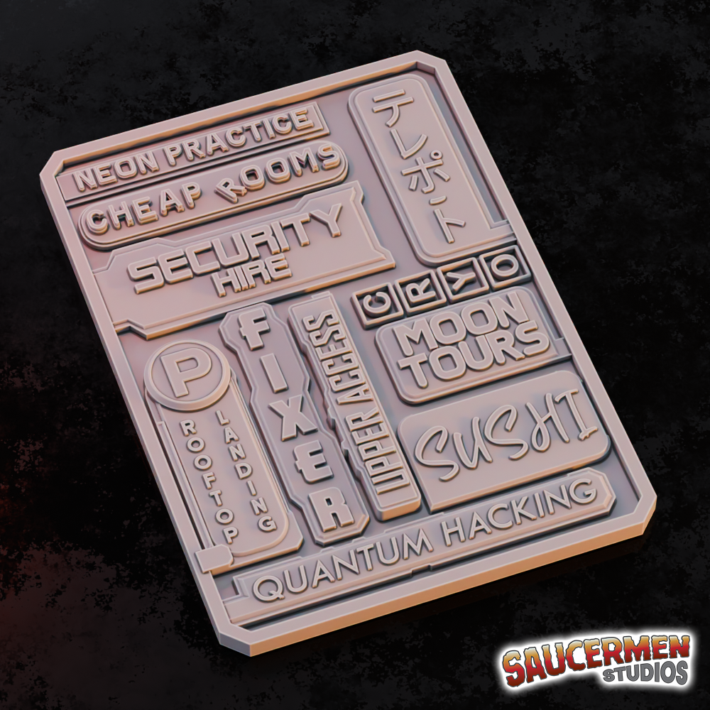 Texture / Practice Palette: Cyberpunk Signs - Sci-Fi Grimdark Miniatures by Saucermen Studios, Wargame Scale 3D Printed