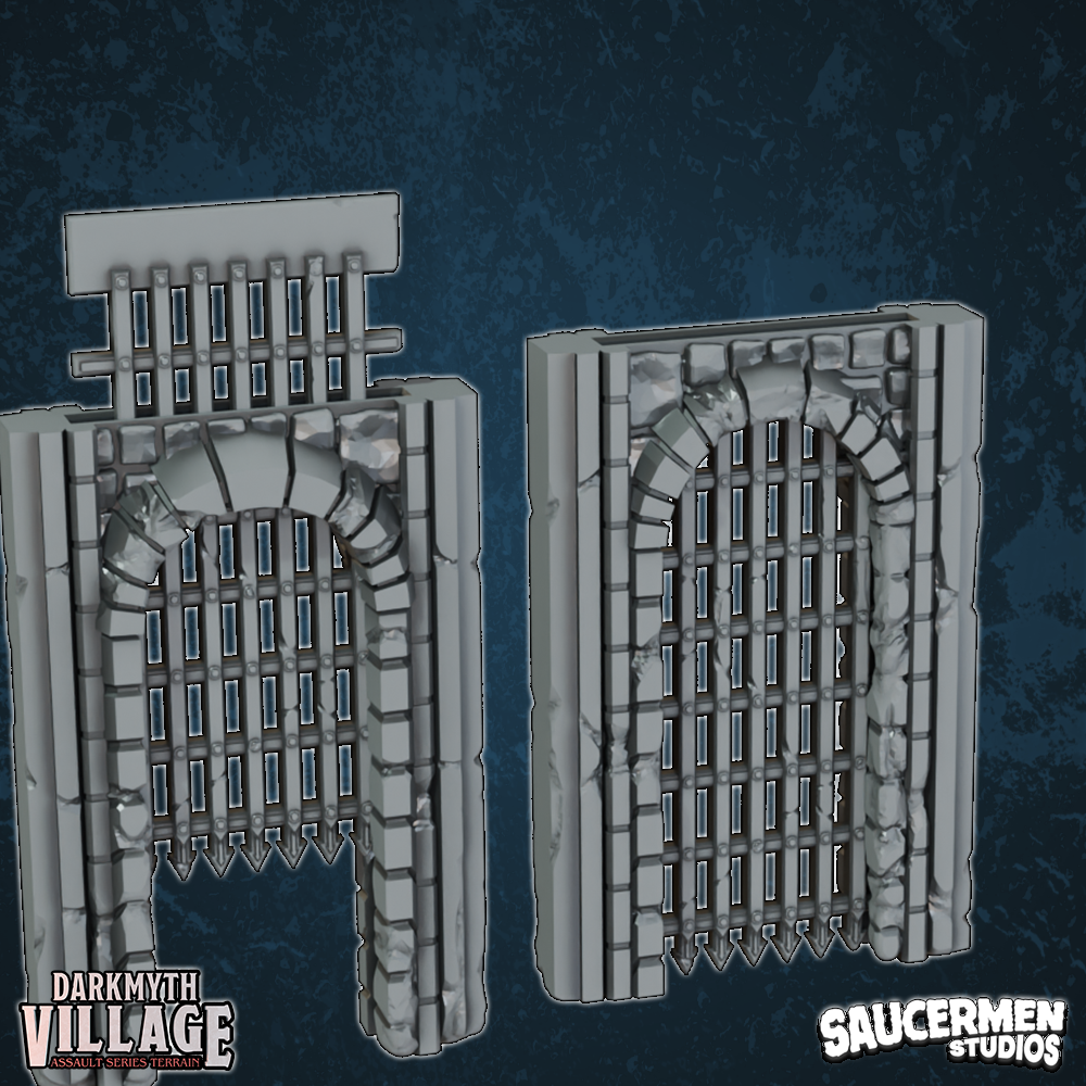 DarkMyth Village - Double-Height Portcullis - Sci-Fi Grimdark Miniatures by Saucermen Studios, Wargame Scale 3D Printed