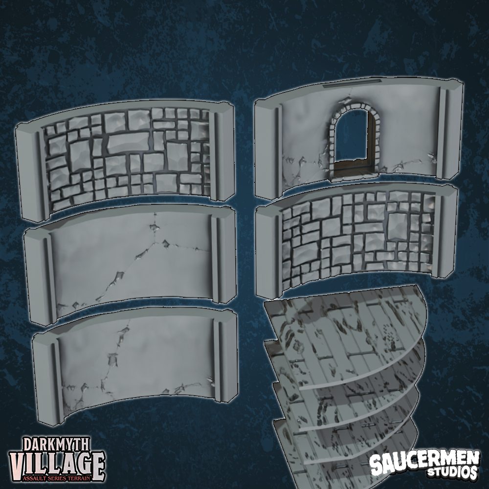 DarkMyth Village - Curved Walls - Sci-Fi Grimdark Miniatures by Saucermen Studios, Wargame Scale 3D Printed