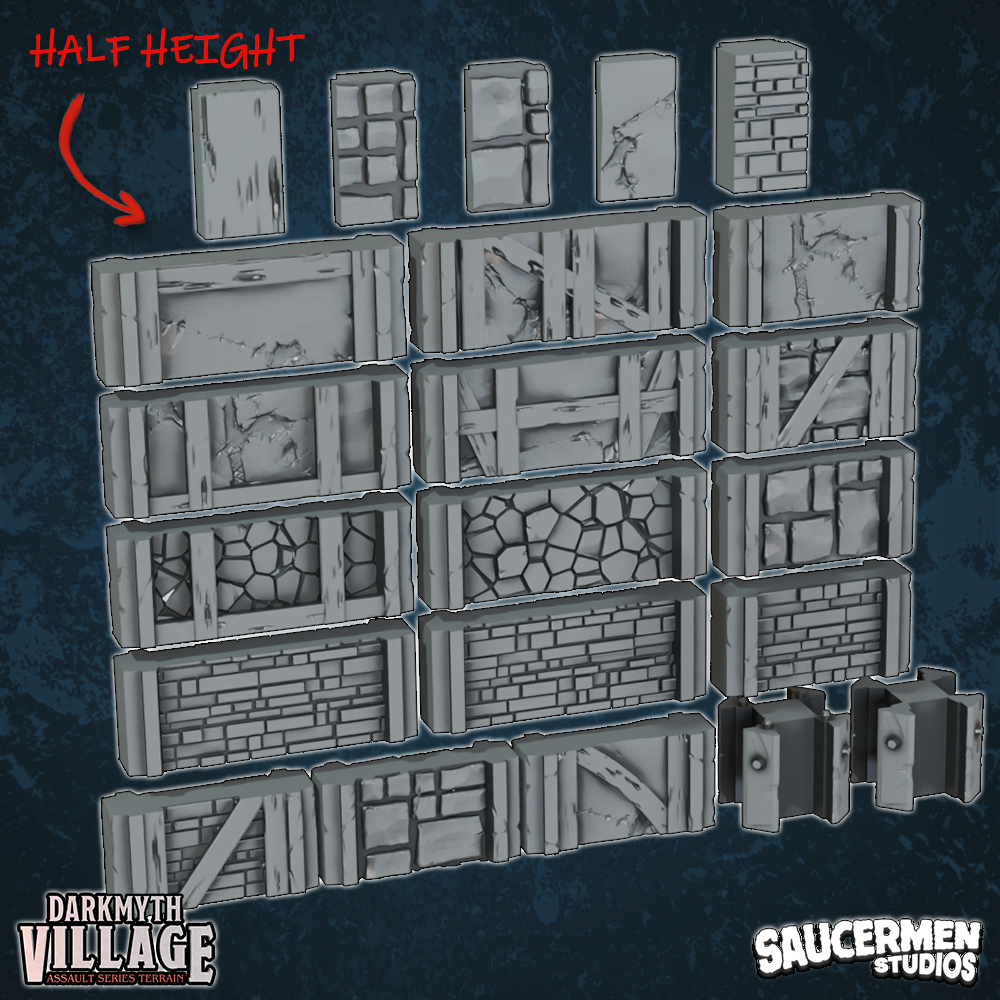 DarkMyth Village - Low Walls - Sci-Fi Grimdark Miniatures by Saucermen Studios, Wargame Scale 3D Printed