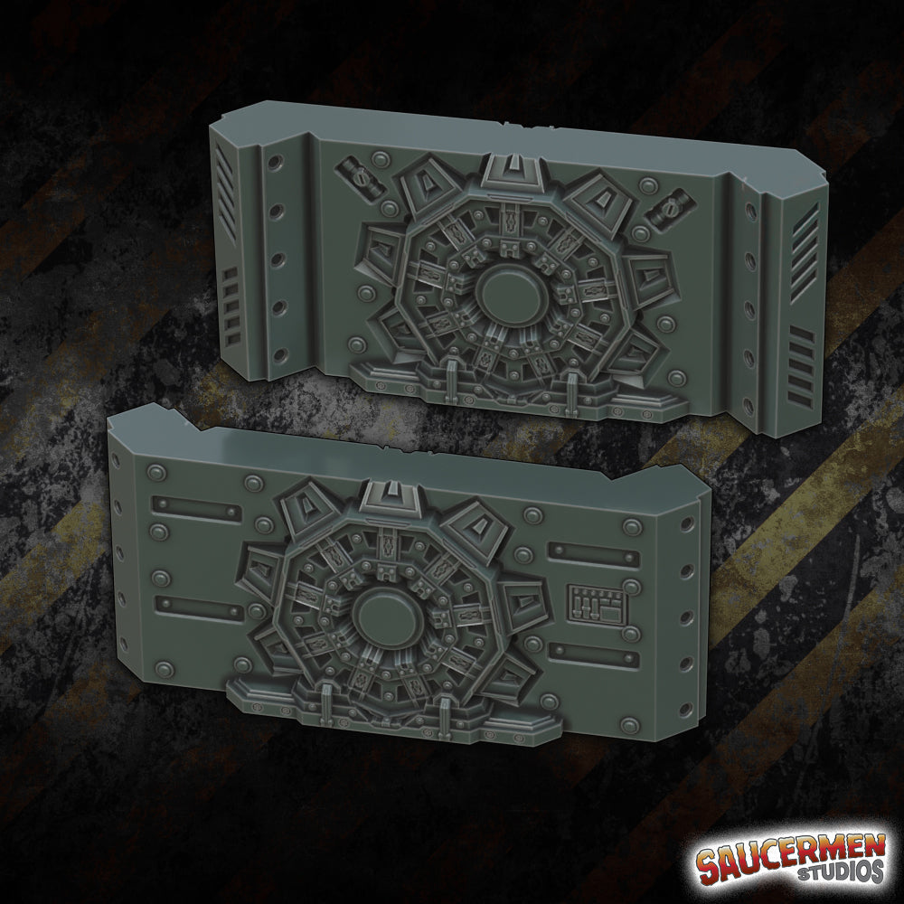DarkHyve Assault - Sealed Vault Door Corner Wall - Sci-Fi Grimdark Miniatures by Saucermen Studios, Wargame Scale 3D Printed
