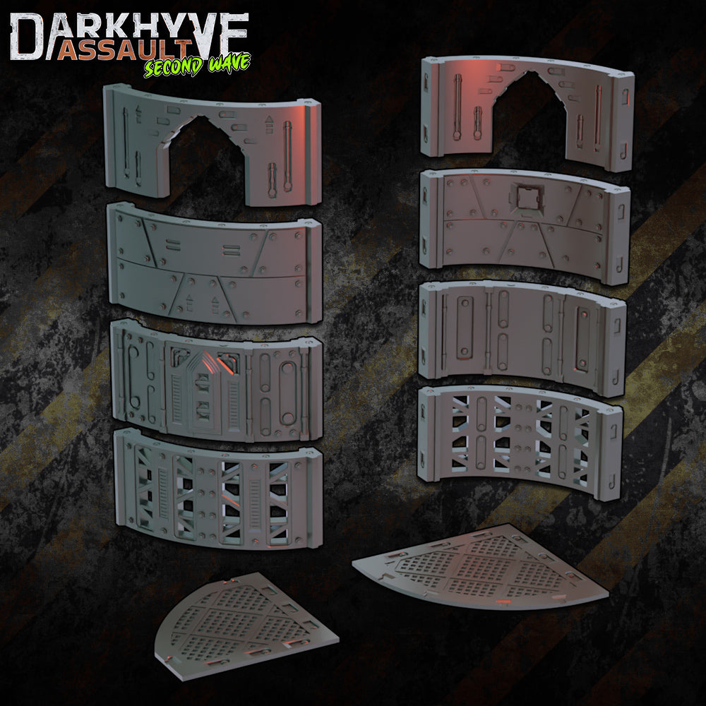 DarkHyve Assault: Second Wave - Curved Walls & Floors - Sci-Fi Grimdark Miniatures by Saucermen Studios, Wargame Scale 3D Printed