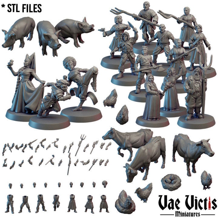 Peasant Revolt, Assembled Villagers and Farm Animals Fantasy Miniatures by Vae Victis, perfect for Fantasy Wargames and Tabletop RPGs