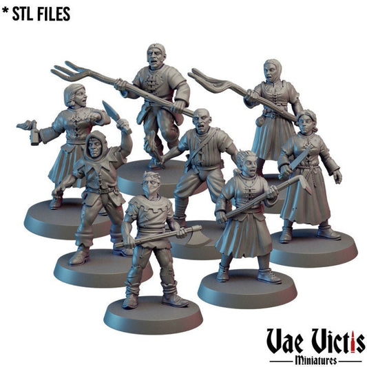 Peasant Revolt, Assembled Villagers and Farm Animals Fantasy Miniatures by Vae Victis, perfect for Fantasy Wargames and Tabletop RPGs