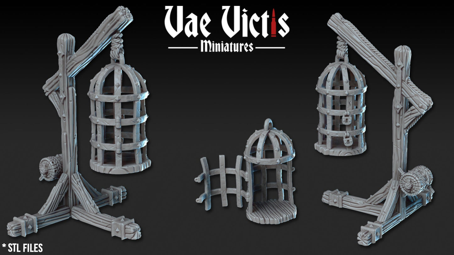 Prison Equipment - Gibbet and open cage, Detailed Tabletop Scenery  for RPGs & Wargaming, for Fantasy Wargames and Tabletop RPGs