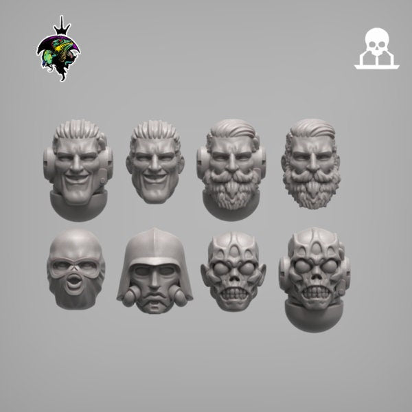 Chad Sci-Fi Marine heads set, Modular Sci-Fi Marine Miniatures by Reptilian Overlords, marines conversion bits for Sci-Fi Wargames