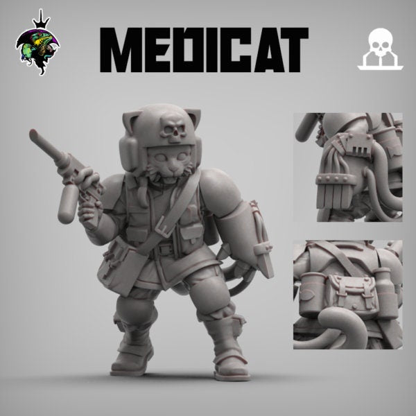 Medicat Neko Character Medic Print, Miniature by Reptilian Overlords, Imperial guard Furry Cat Neko for Sci-Fi Wargames