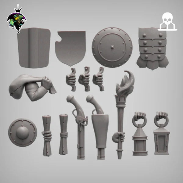Modular Mercenary Bits, Weapon packs, Heads, Torsos and Legs. Fantasy Miniatures by Reptilian Overlords, Fantasy Wargames and Tabletop RPGs