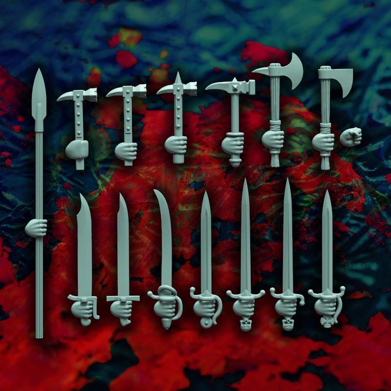 Imperial Landsknecht Handweapon and Shield Miniatures, Weapon Conversions Fantasy by Reptilian Overlords, perfect for Fantasy Wargames