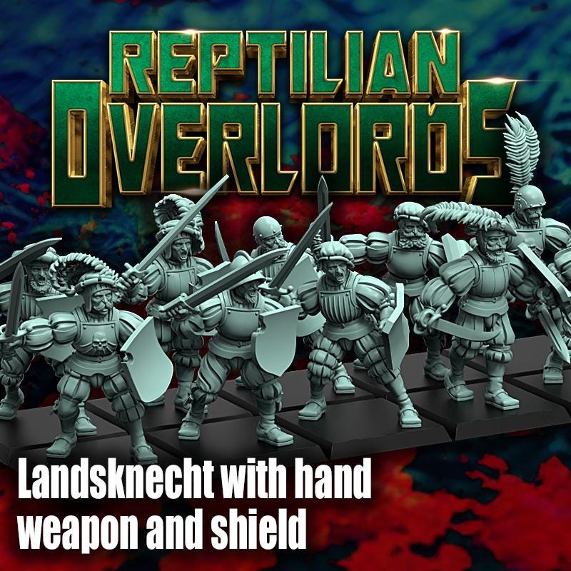Imperial Landsknecht Handweapon and Shield Miniatures, Weapon Conversions Fantasy by Reptilian Overlords, perfect for Fantasy Wargames