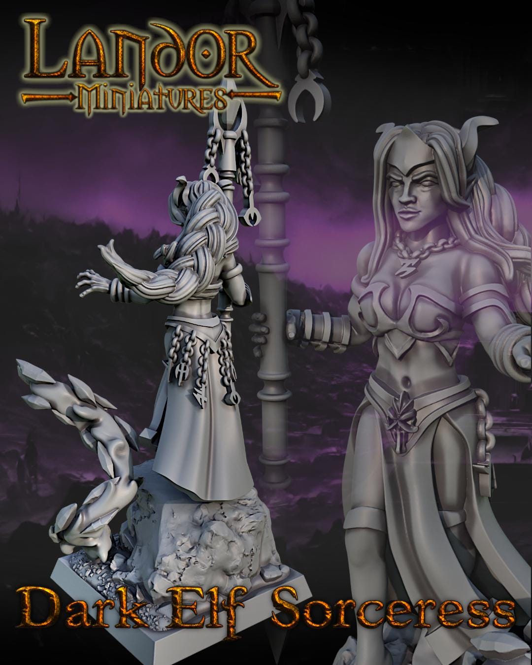 Dark Elf Sorceress, Modular Dark Elven miniatures by Landor Miniatures! Dark Elves for Fantasy Wargames