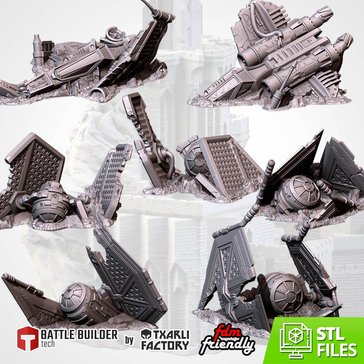 Modular CRASHED SPACESHIPS GW Txarli Factory Sci-Fi modular Wreckage Set, Perfect for Tabletop Wargames