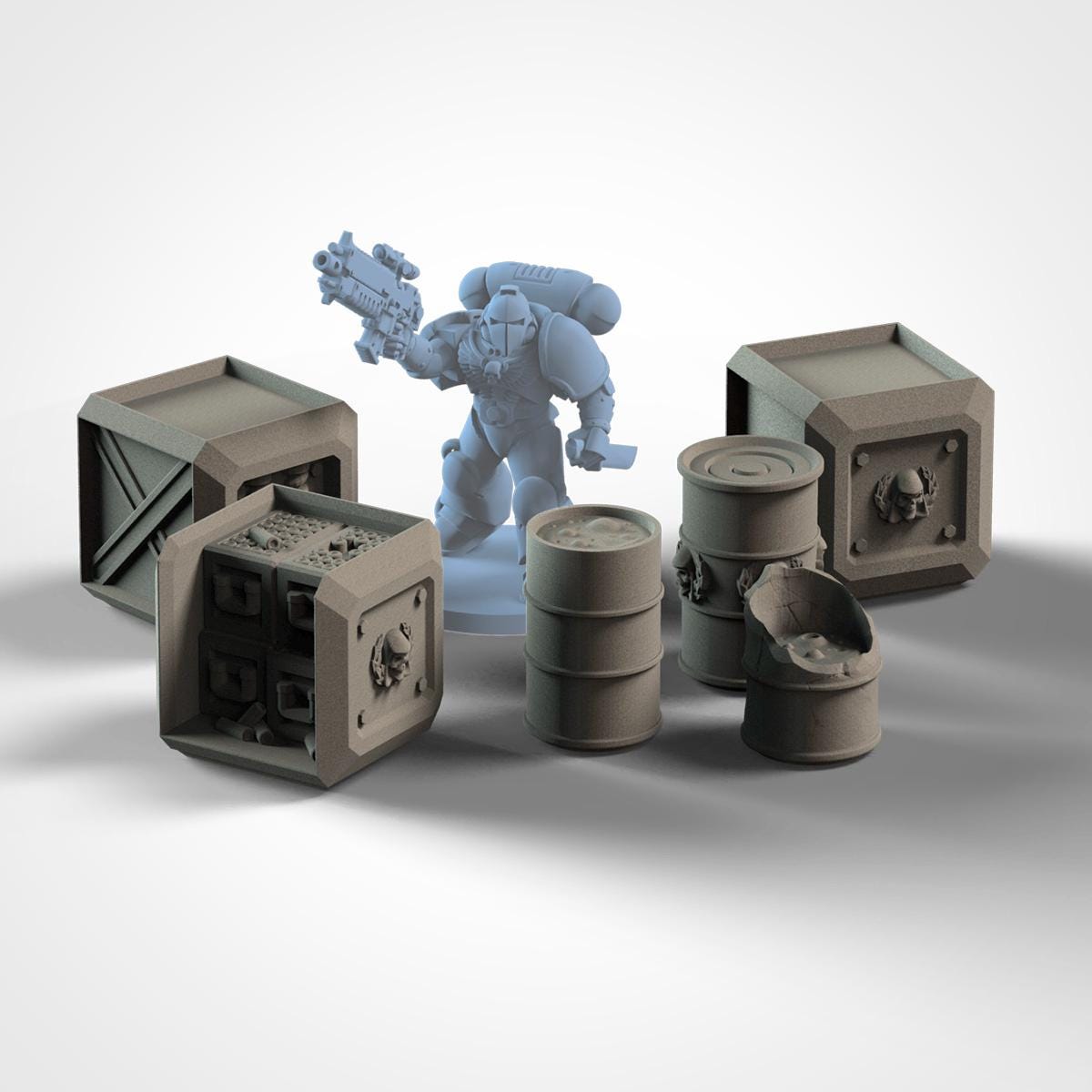 Modular BARRELS and CUBES set Txarli Factory Ruined Scatter Terrain Set, Perfect for Tabletop Wargames