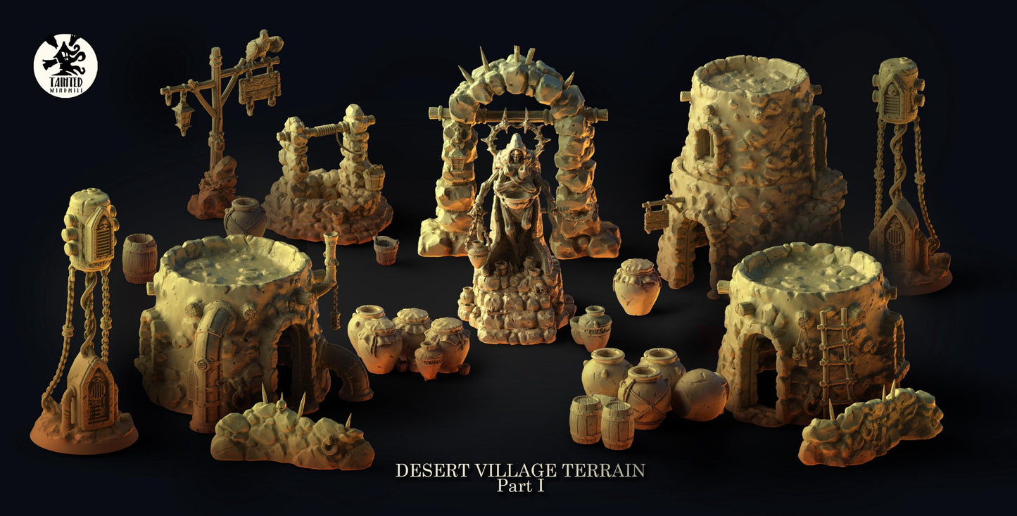 Desert Village Terrain Set, Chaotic Plagued Terrain Sculpted by Tainted Windmill for Wargames set in the Grimdark Future