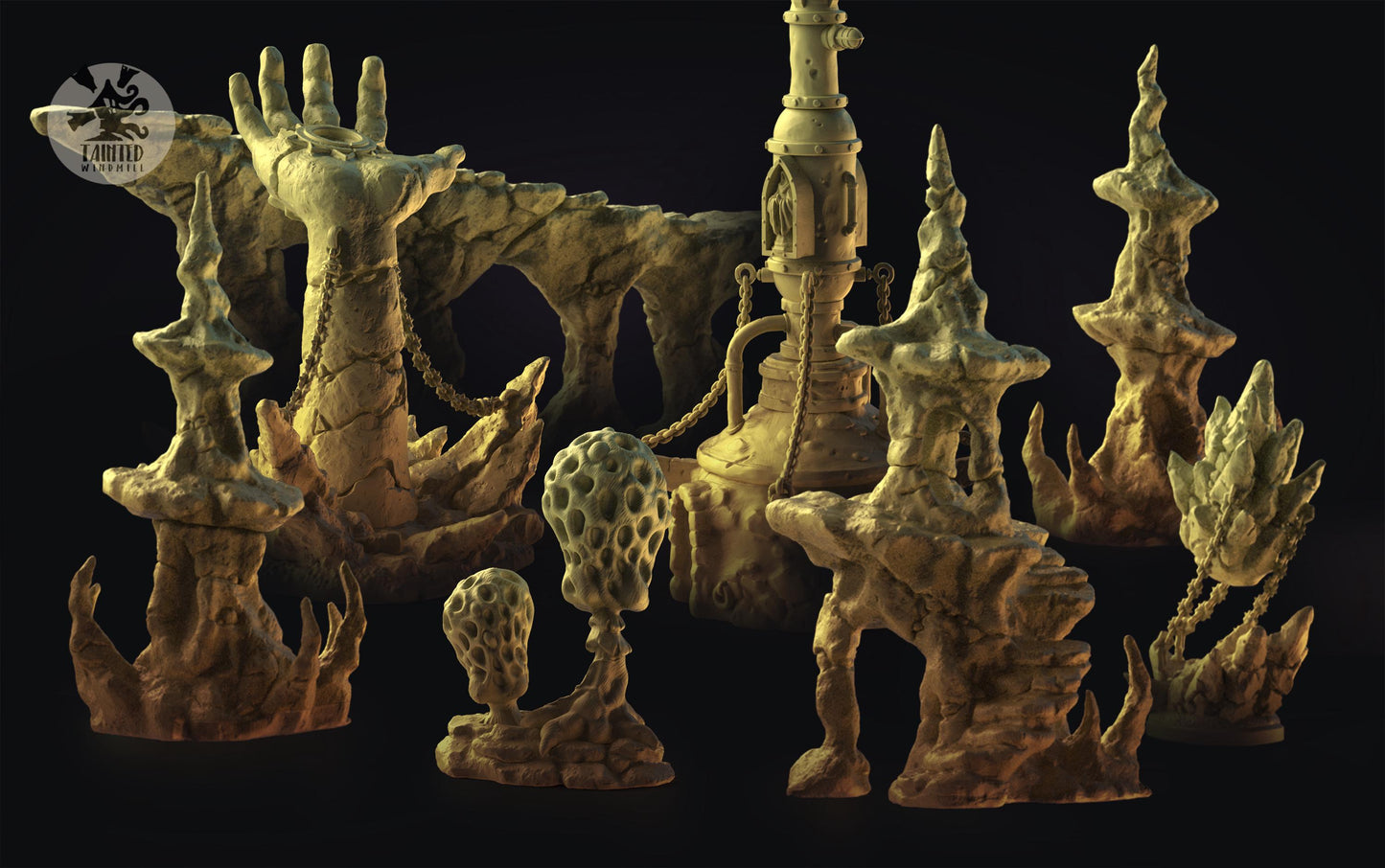 Desert Valley Rocks Terrain Set, Chaotic Plagued Terrain Sculpted by Tainted Windmill for Wargames set in the Grimdark Future