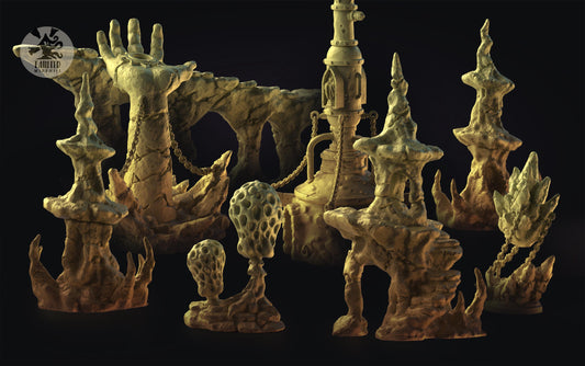 Desert Valley Rocks Terrain Set, Chaotic Plagued Terrain Sculpted by Tainted Windmill for Wargames set in the Grimdark Future