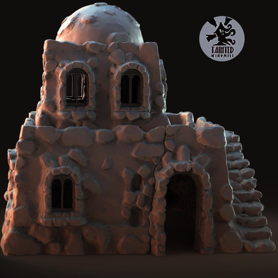 Small Desert Village Terrain Set, Chaotic Plagued Terrain Sculpted by Tainted Windmill for Wargames set in the Grimdark Future