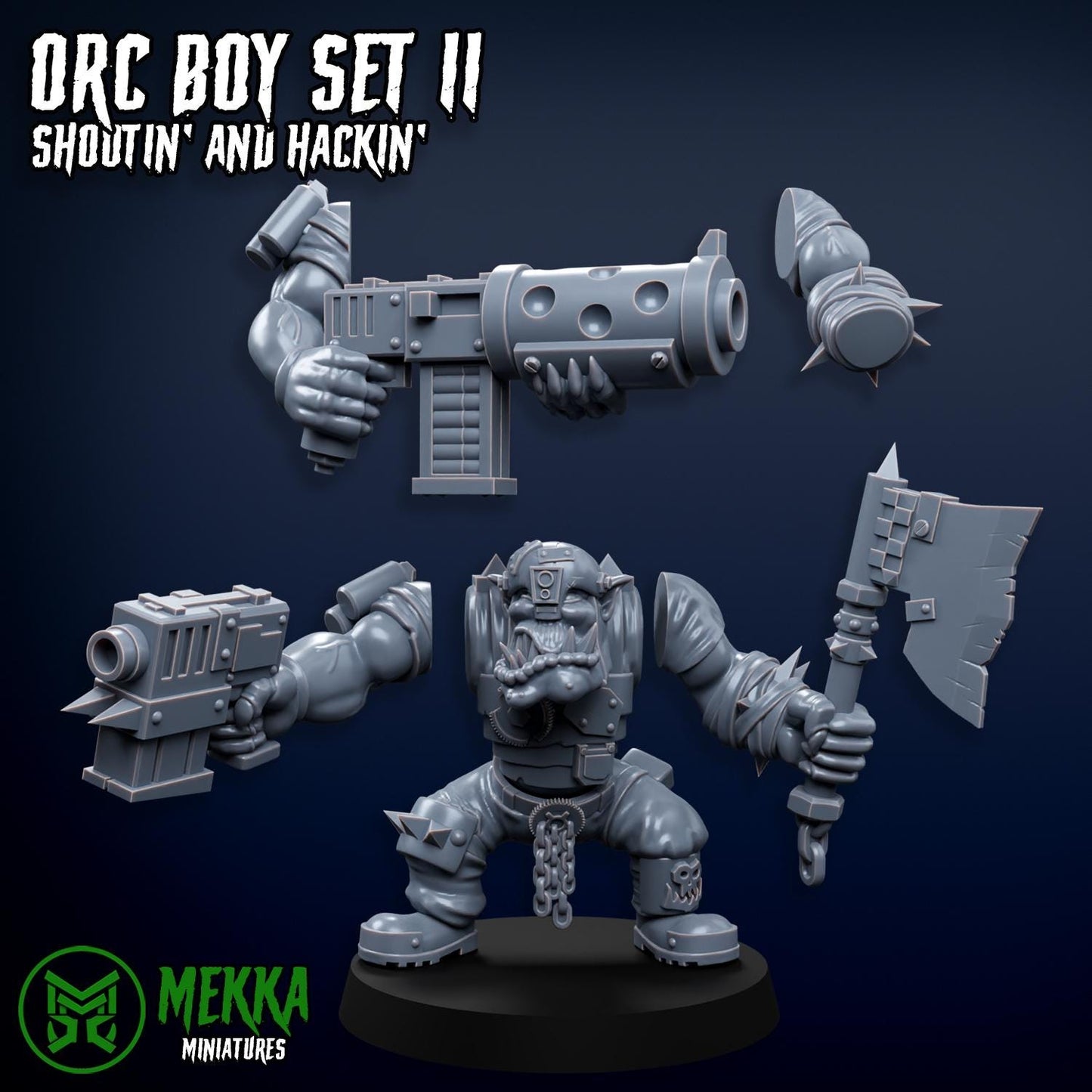 Orc Boy Set II, Shootin' and Hackin', Space-Faring Orkish Menace Sculpted by Mekka Miniatures, Grimdark Compatible, Sci-Fi Wargame Scale