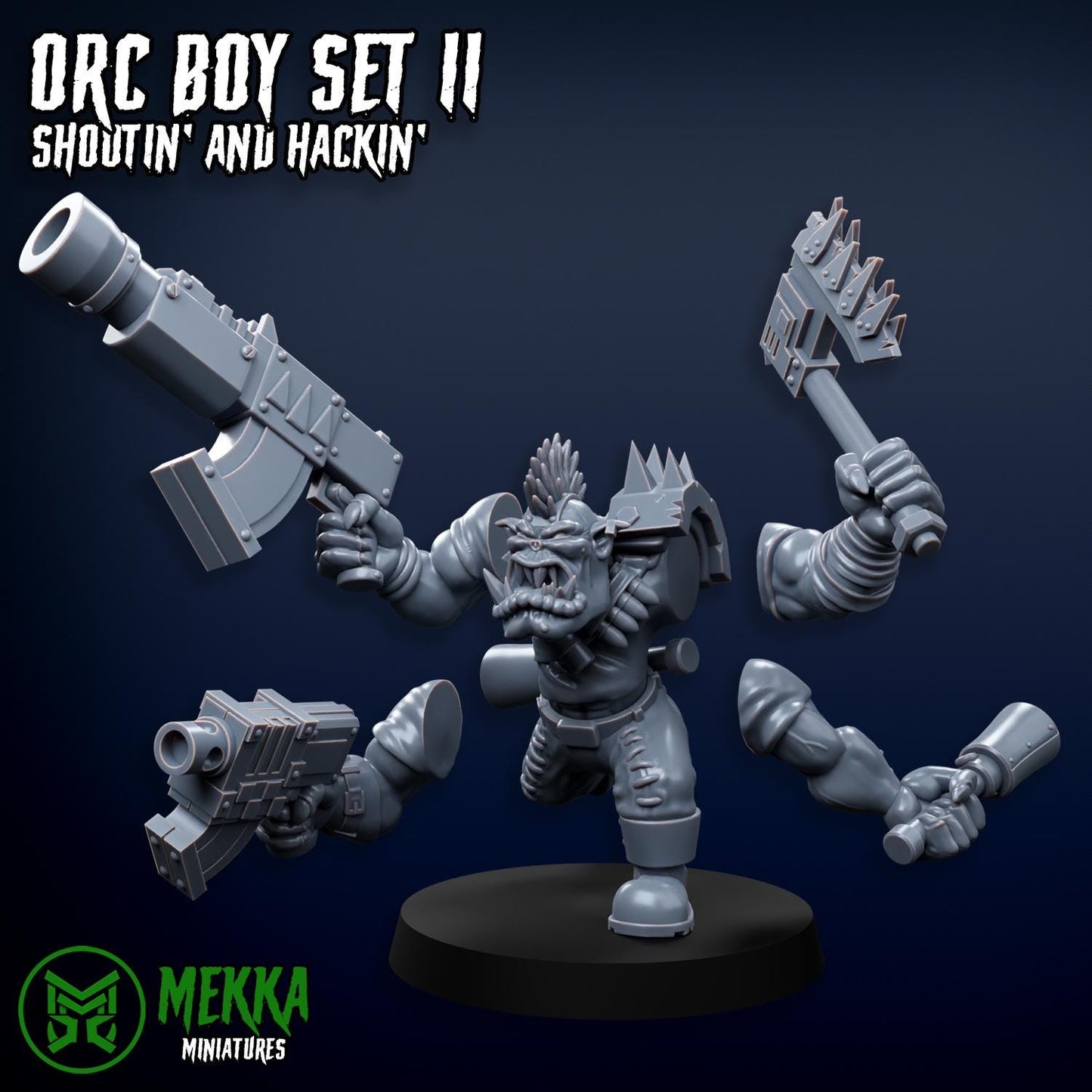 Orc Boy Set II, Shootin' and Hackin', Space-Faring Orkish Menace Sculpted by Mekka Miniatures, Grimdark Compatible, Sci-Fi Wargame Scale