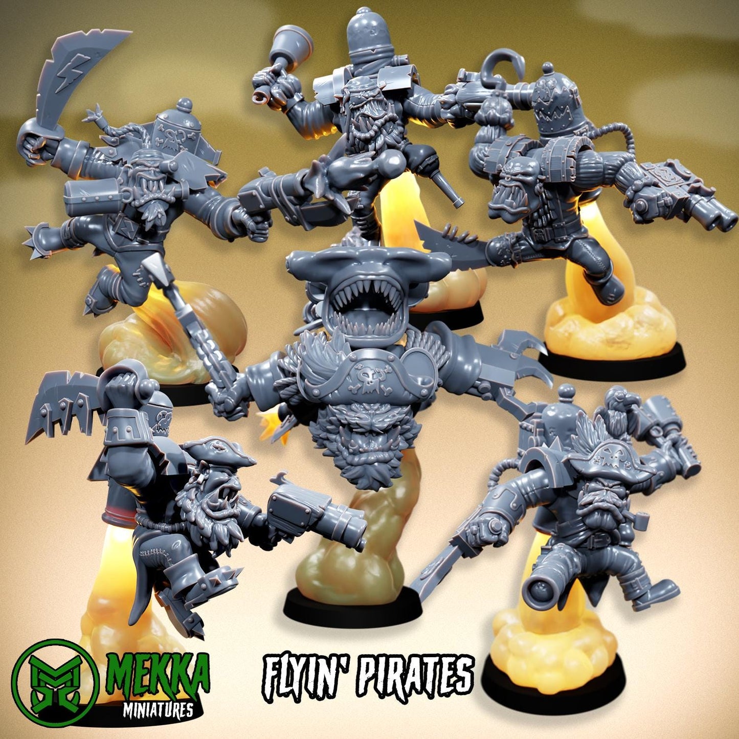 Flyin Orc Pirates, Space-Faring Orkish Menace Sculpted by Mekka Miniatures, Grimdark Compatible, Scaled for Sci-Fi Miniature Wargames