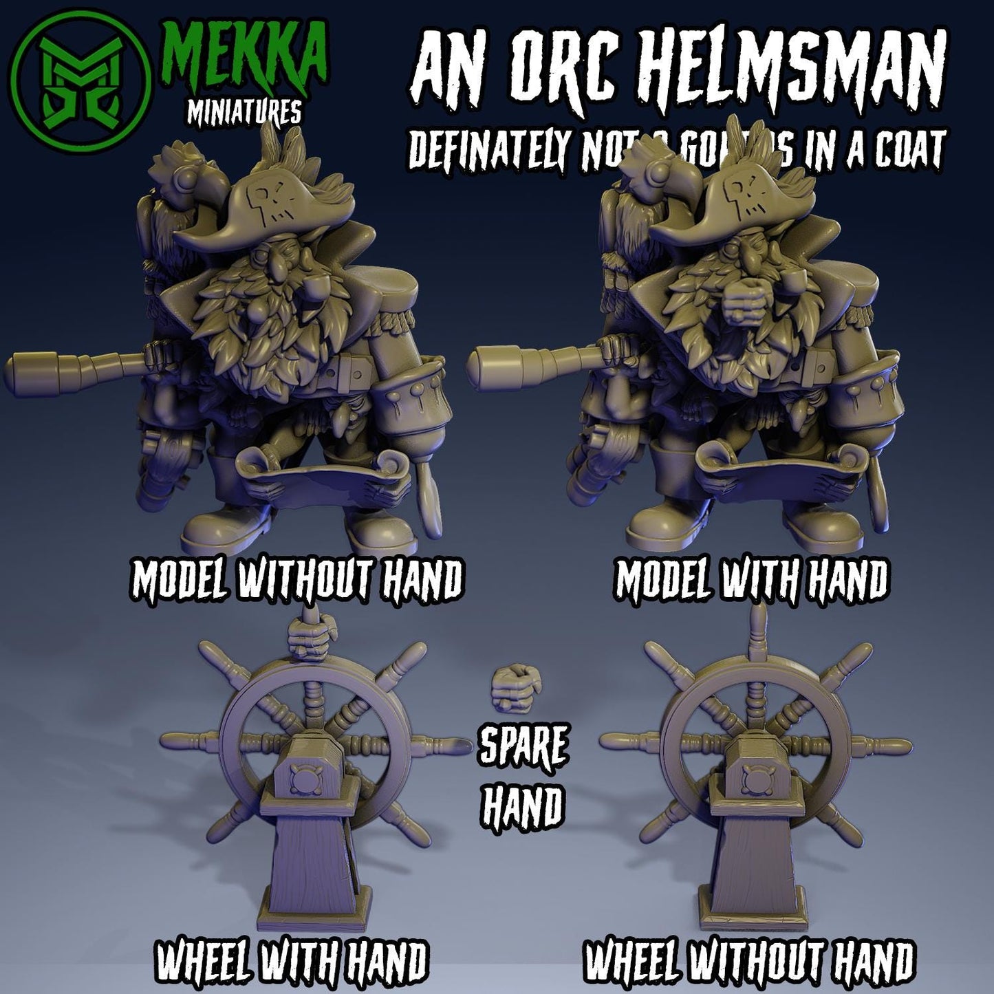 Three Gobbos in a coat, Space-Faring Orkish Menace Sculpted by Mekka Miniatures, Grimdark Compatible, Scaled for Sci-Fi Miniature Wargames