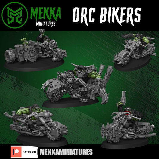 Orc Biker Set, Space-Faring Orkish Menace Sculpted by Mekka Miniatures, Grimdark Compatible, Scaled for Sci-Fi Miniature Wargames