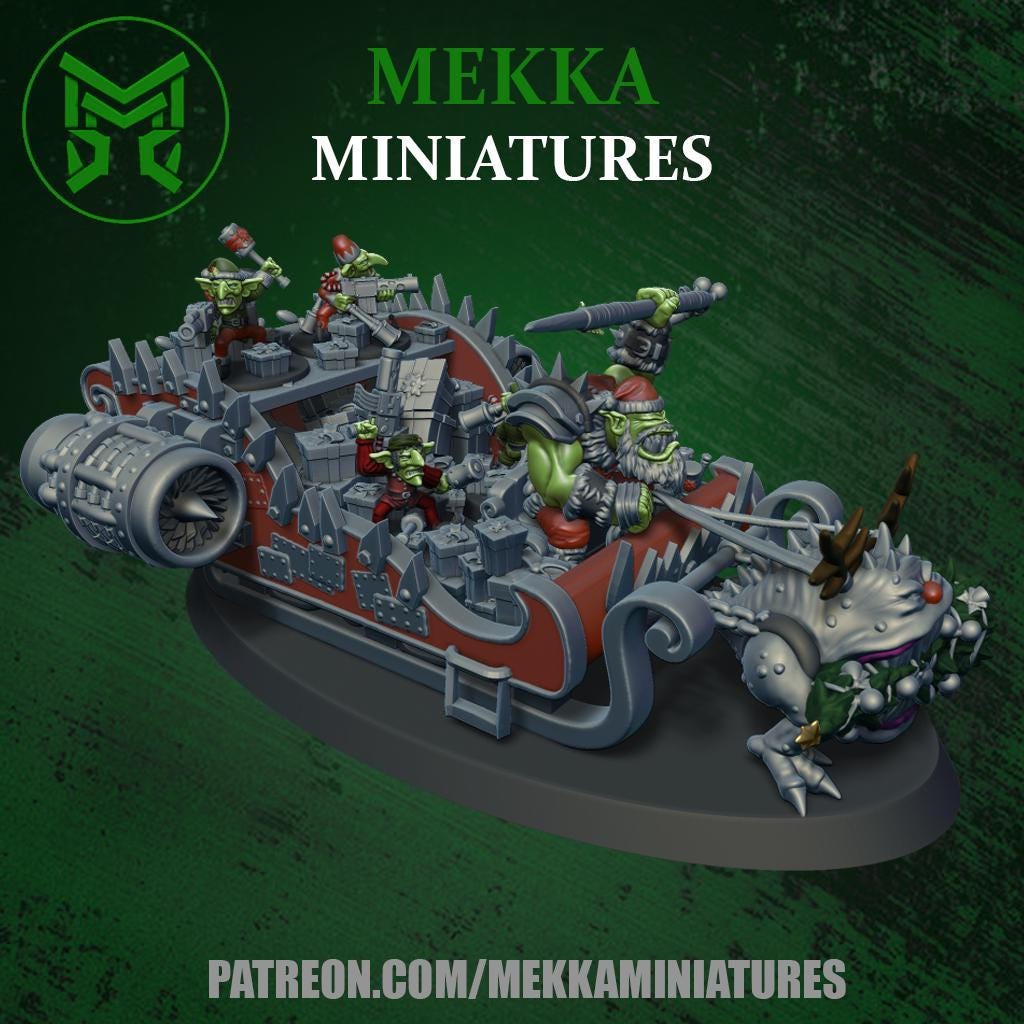 Santa Orc Sleigh, Space-Faring Orkish Menace Sculpted by Mekka Miniatures, Grimdark Compatible, Scaled for Sci-Fi Miniature Wargames