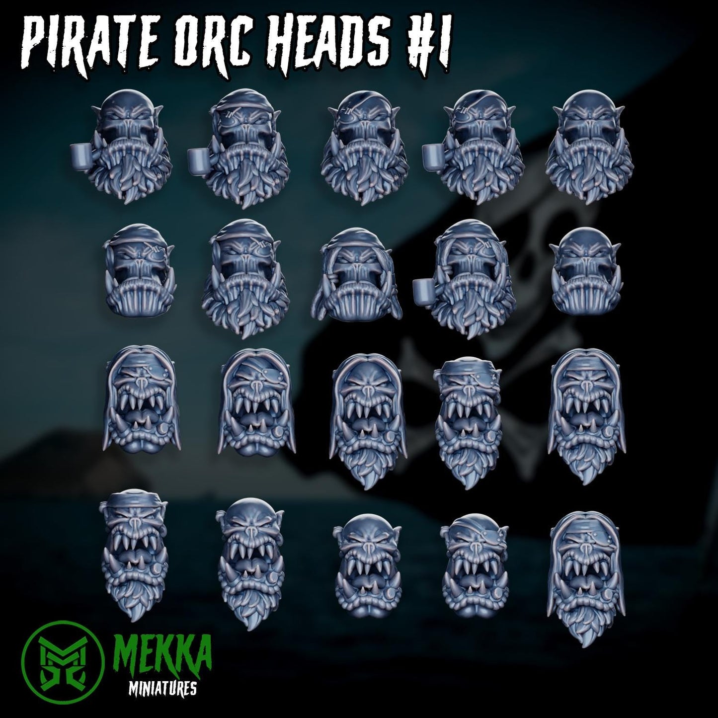 Pirate Ork Heads! Space-Faring Orkish Menace Sculpted by Mekka Miniatures, Grimdark Compatible, Scaled for Sci-Fi Miniature Wargames