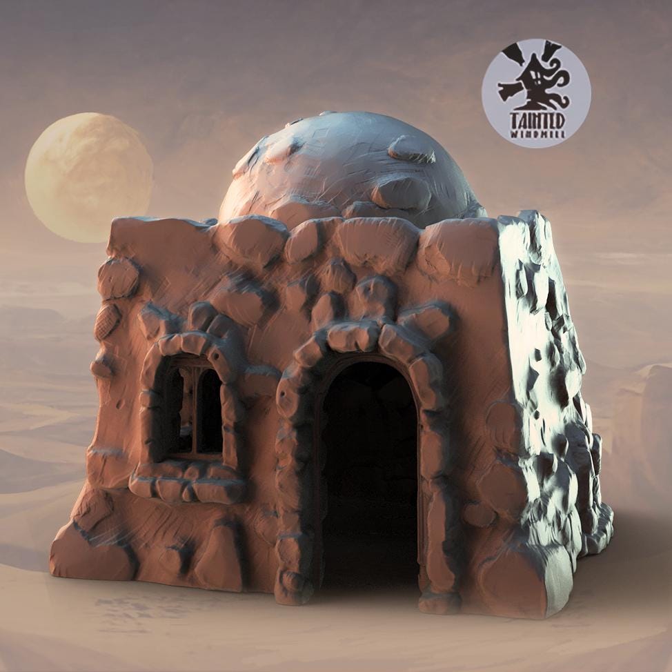Small Desert Village Terrain Set, Chaotic Plagued Terrain Sculpted by Tainted Windmill for Wargames set in the Grimdark Future
