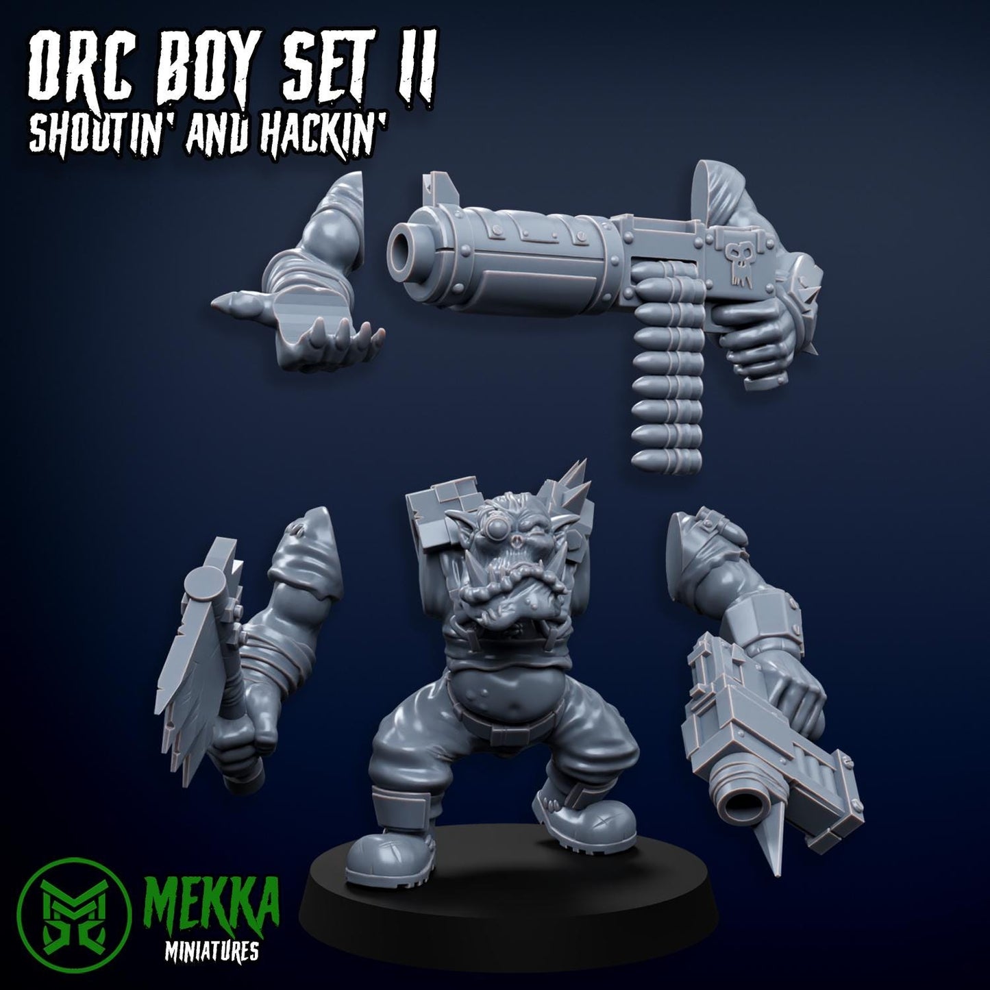 Orc Boy Set II, Shootin' and Hackin', Space-Faring Orkish Menace Sculpted by Mekka Miniatures, Grimdark Compatible, Sci-Fi Wargame Scale