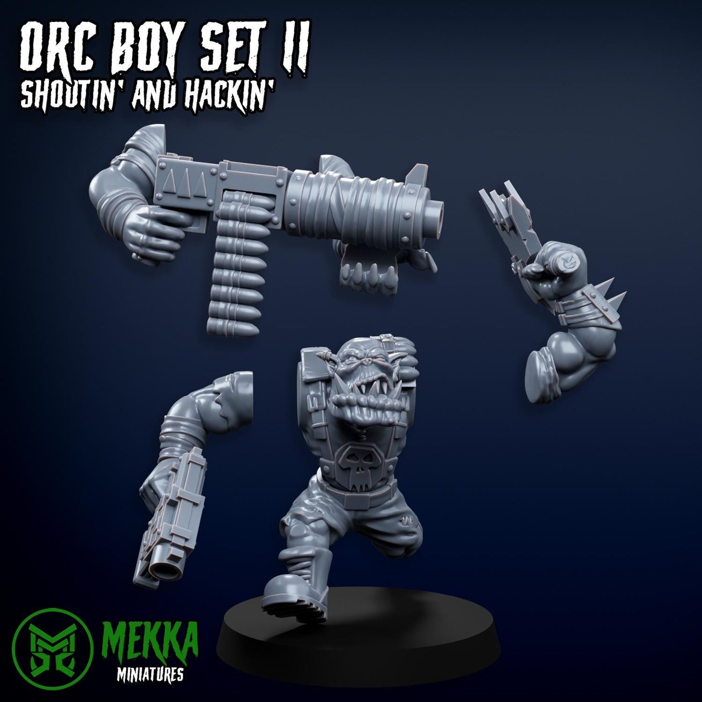 Orc Boy Set II, Shootin' and Hackin', Space-Faring Orkish Menace Sculpted by Mekka Miniatures, Grimdark Compatible, Sci-Fi Wargame Scale