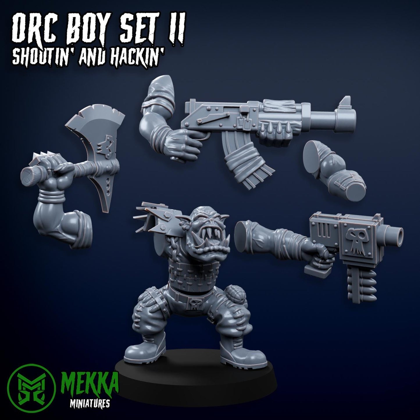 Orc Boy Set II, Shootin' and Hackin', Space-Faring Orkish Menace Sculpted by Mekka Miniatures, Grimdark Compatible, Sci-Fi Wargame Scale