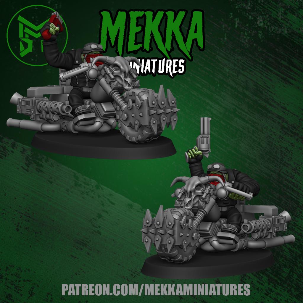 Orc Biker Set, Space-Faring Orkish Menace Sculpted by Mekka Miniatures, Grimdark Compatible, Scaled for Sci-Fi Miniature Wargames