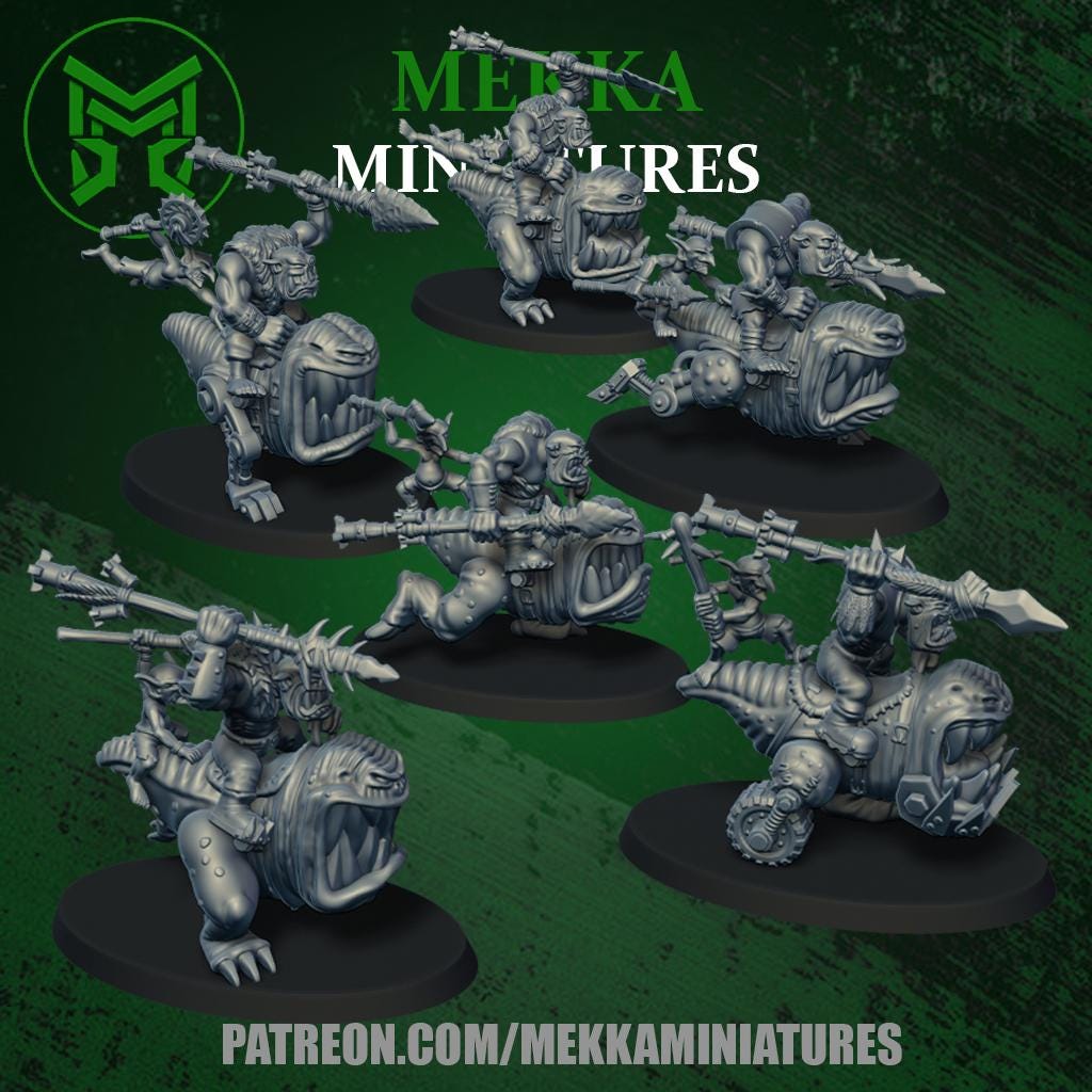 Orcs riding Chompas, Space-Faring Orkish Menace Sculpted by Mekka Miniatures, Grimdark Compatible, Scaled for Sci-Fi Miniature Wargames