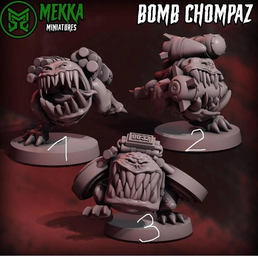Bomb Chompas, Space-Faring Orkish Menace Sculpted by Mekka Miniatures, Grimdark Compatible, Scaled for Sci-Fi Miniature Wargames