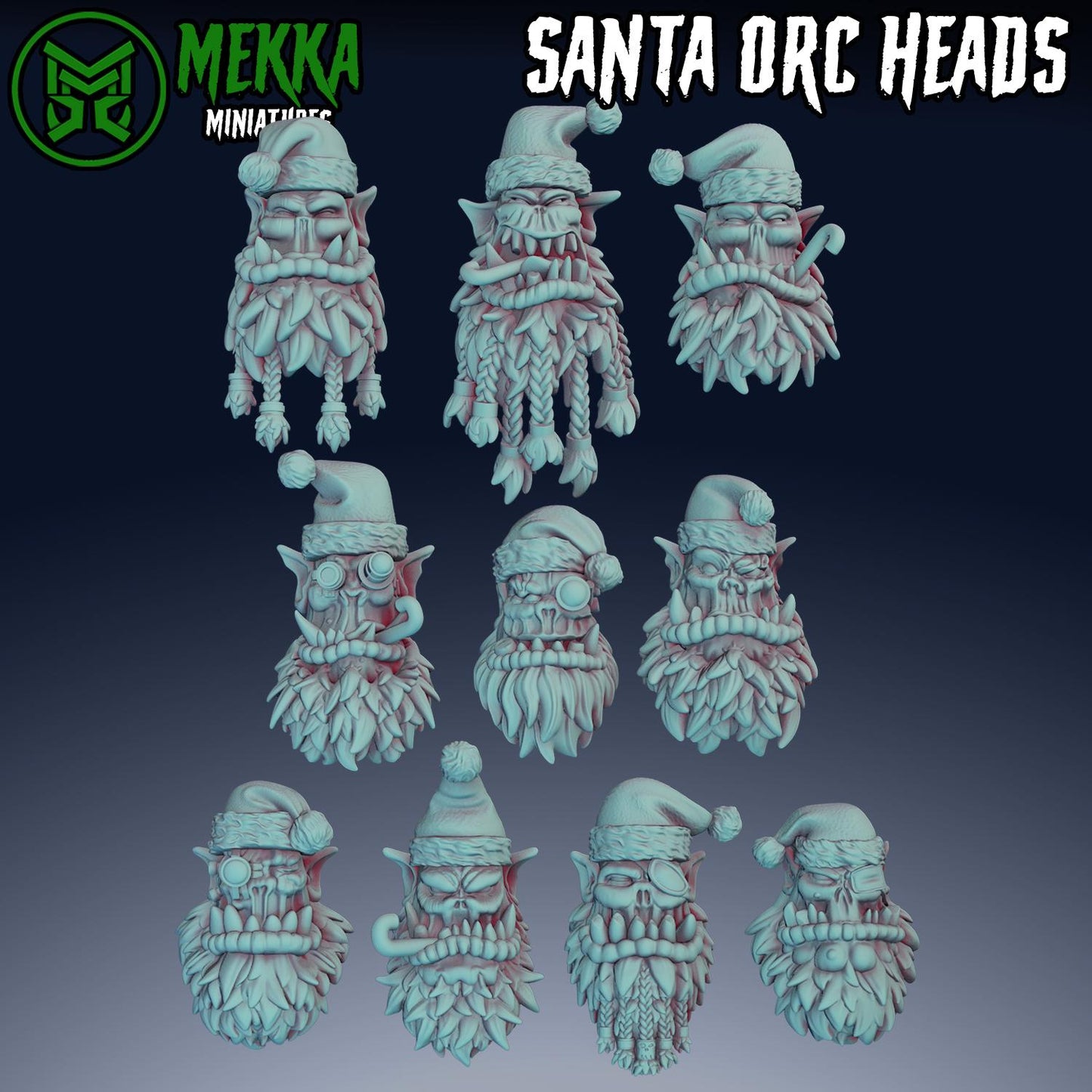 Santa Orc Heads! Space-Faring Orkish Menace Sculpted by Mekka Miniatures, Grimdark Compatible, Scaled for Sci-Fi Miniature Wargames