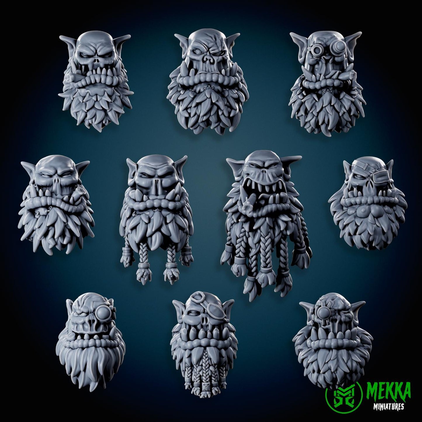 Bearded Orc Heads! Space-Faring Orkish Menace Sculpted by Mekka Miniatures, Grimdark Compatible, Scaled for Sci-Fi Miniature Wargames