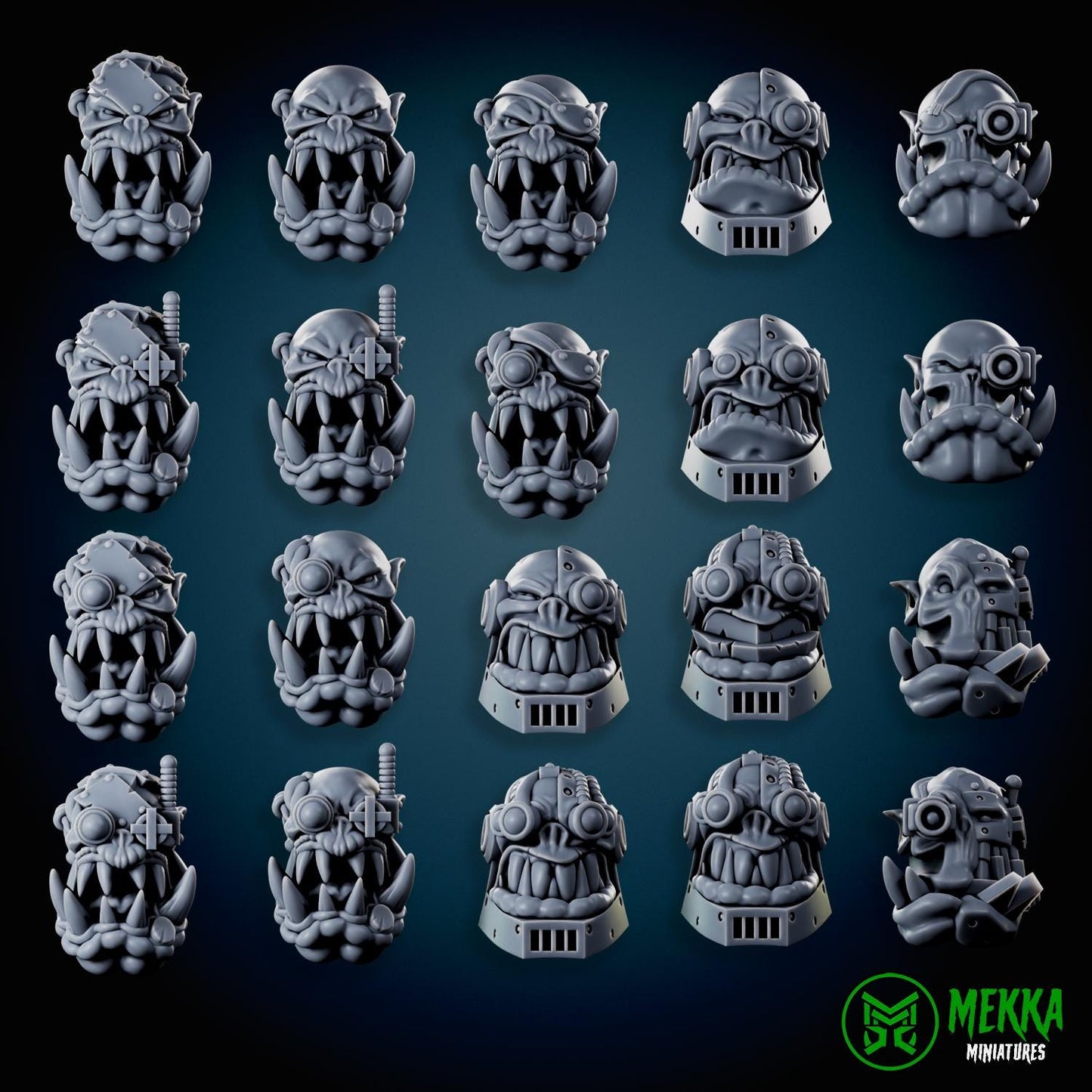 Cybork Heads! Space-Faring Orkish Menace Sculpted by Mekka Miniatures, Grimdark Compatible, Scaled for Sci-Fi Miniature Wargames