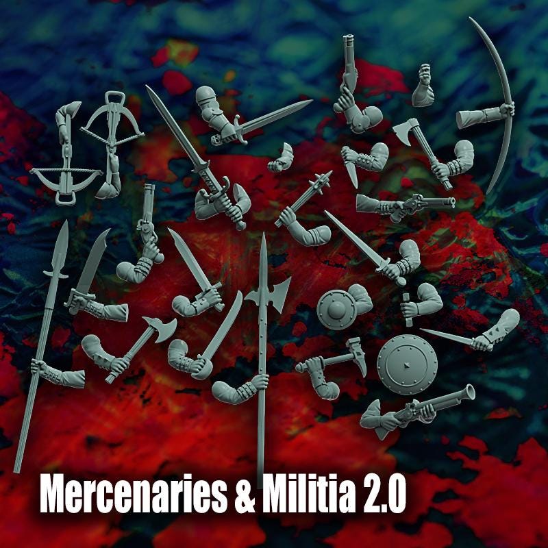 Modular Mercenaries & Militia 2.0, Weapons, Heads, Torsos and Legs. Fantasy Miniatures by Reptilian Overlords