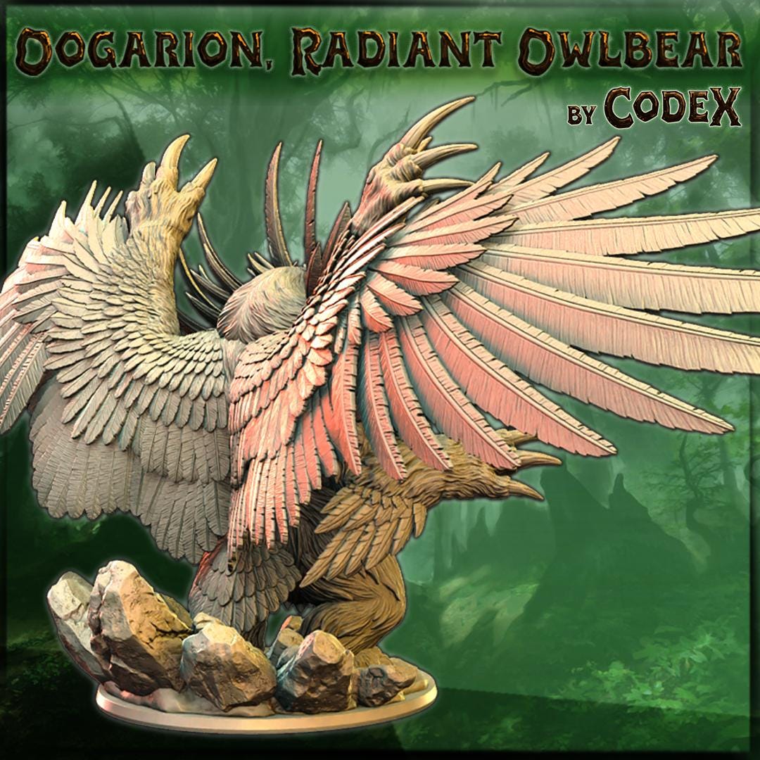 Oogarion, Radiant Owlbear, Forest Monster Miniature for Tabletop Roleplaying games by Codex Universalis