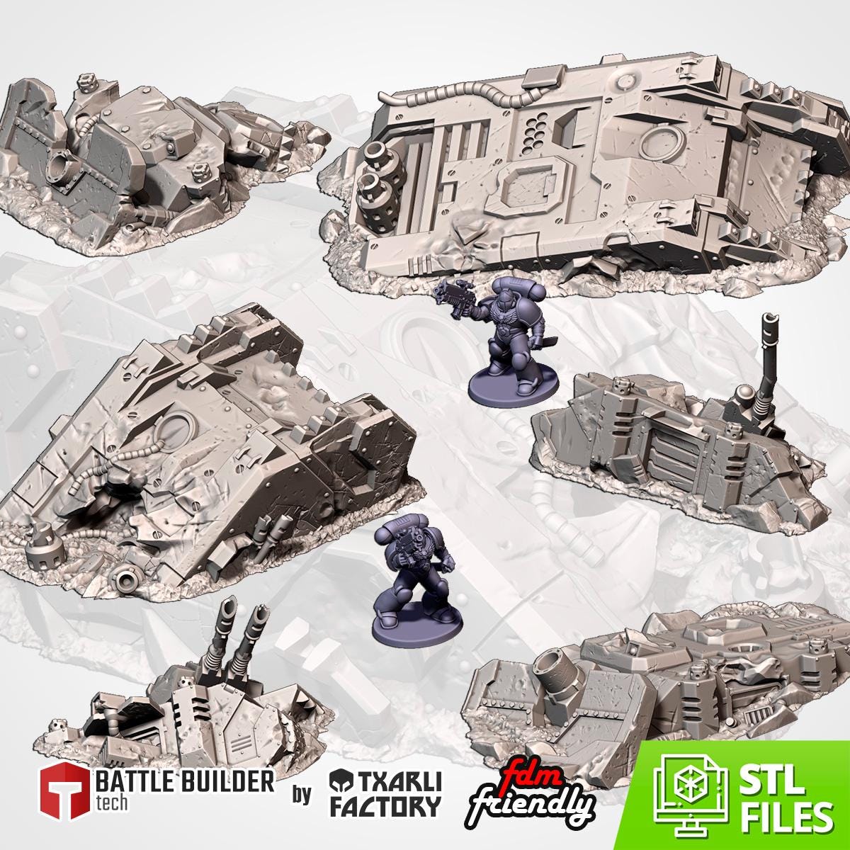 Modular CRASHED TANKS Txarli Factory Sci-Fi modular Wreckage Set, Perfect for Tabletop Wargames