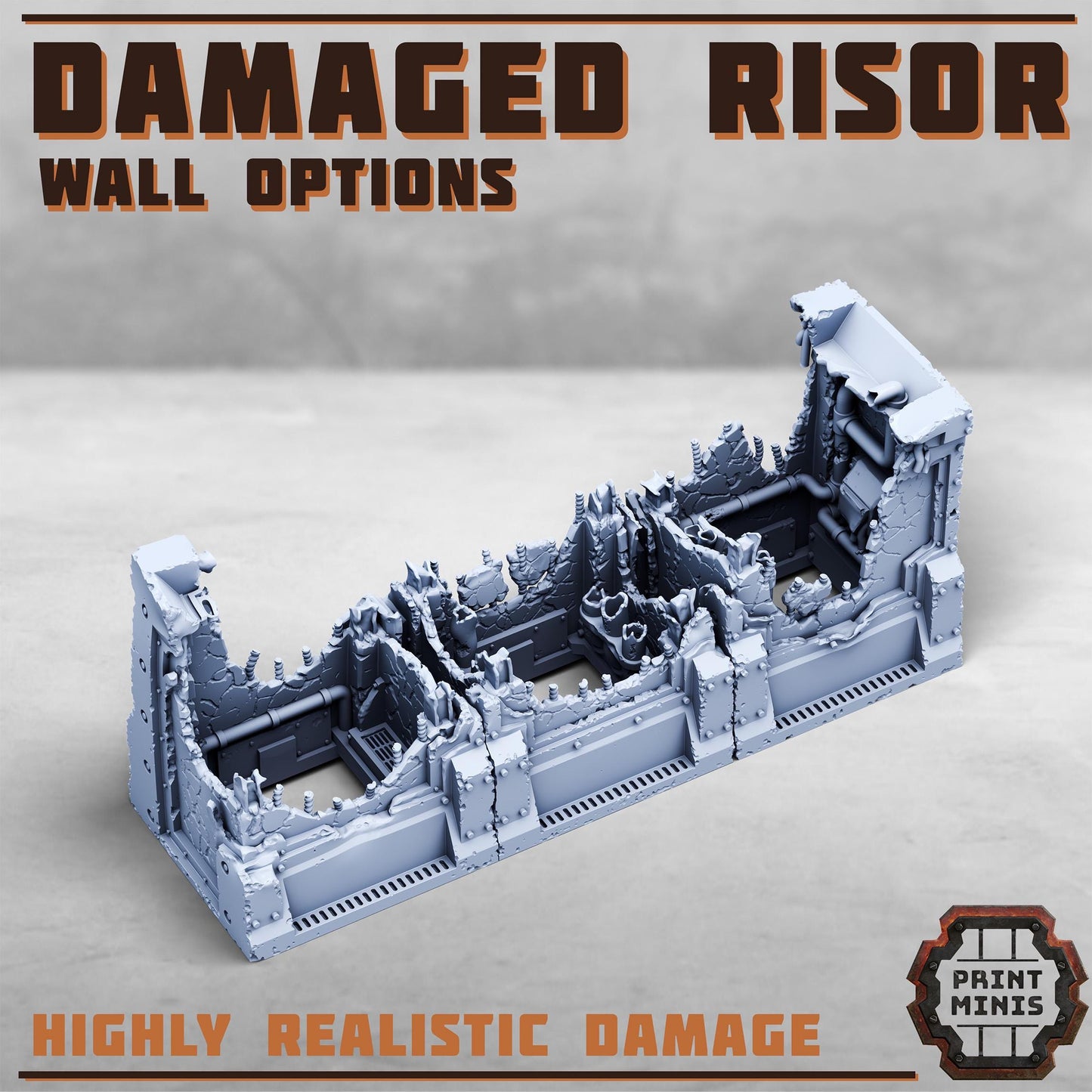 Damaged Risor District Walls - Risor District - Sci-Fi City Skirmish Wargaming Terrain by Print Minis