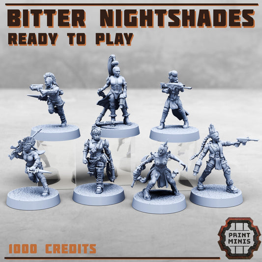 Bitter Nightshades - Ready to Play Gang - Sci-FiGrimdark City Skirmish Warfare Female Mercenaries by Print Minis