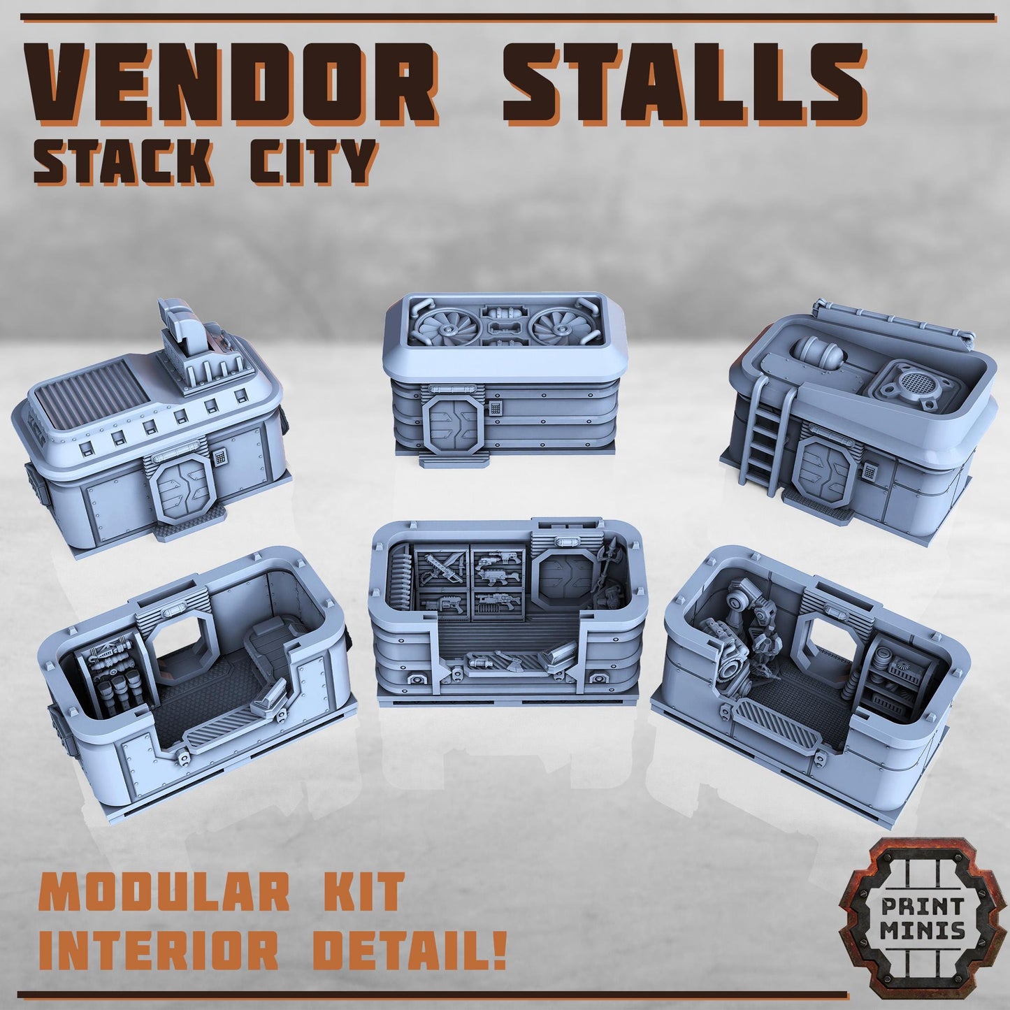 Market Vendor Stalls (interior details) - Sci-Fi City Skirmish Wargaming Terrain by Print Minis