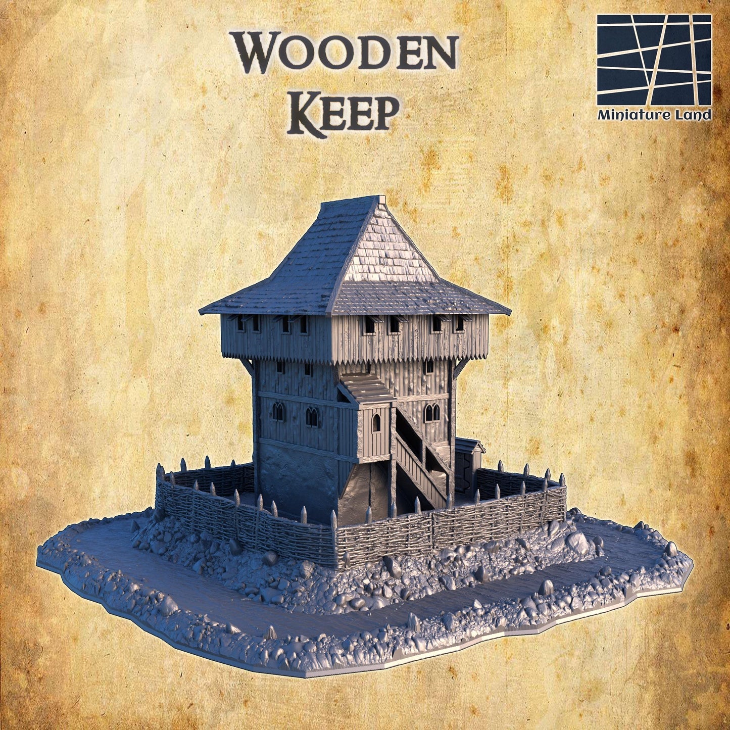 Wooden Keep - Tabletop Terrain - 28 MM, Tabletop 3D Printed Terrain by MiniatureLand, Perfect for Wargaming and RPGs