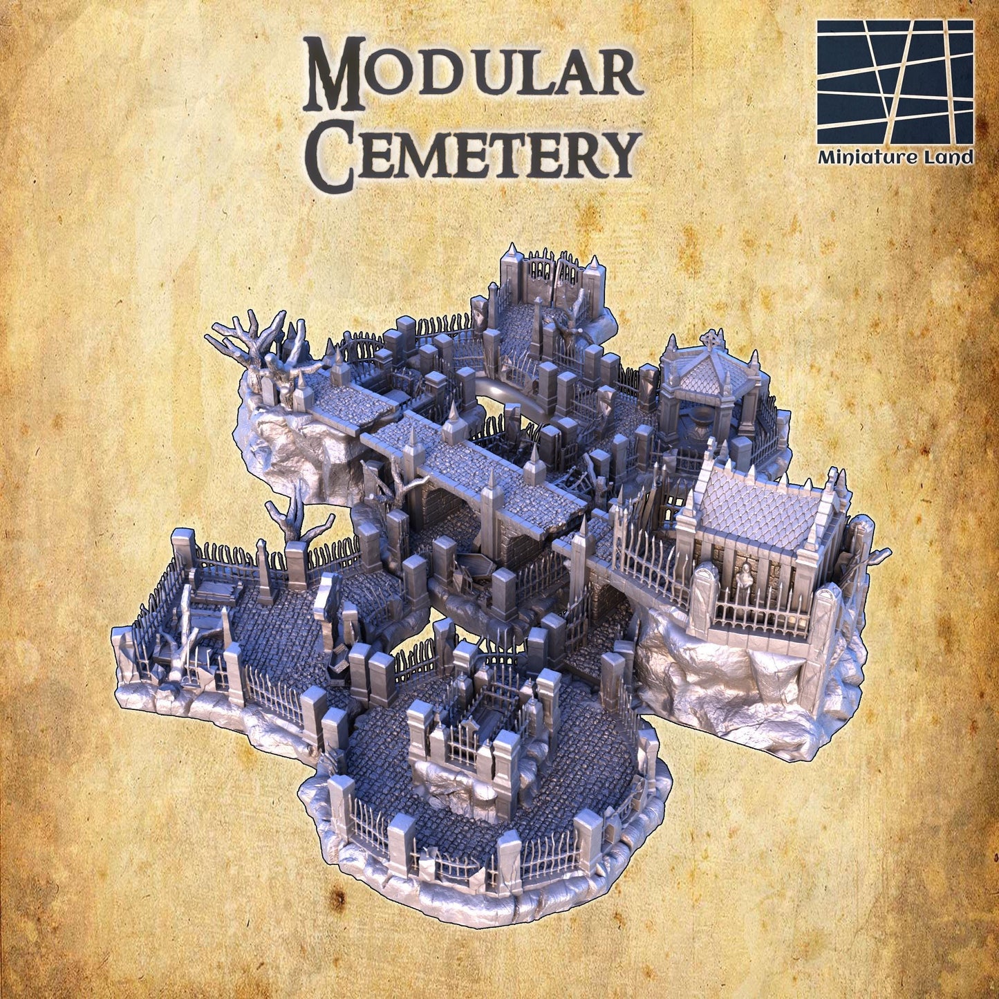 Modular Cemetery - Tabletop Terrain - 28 MM, Tabletop 3D Printed Terrain by MiniatureLand, Perfect for Wargaming and RPGs